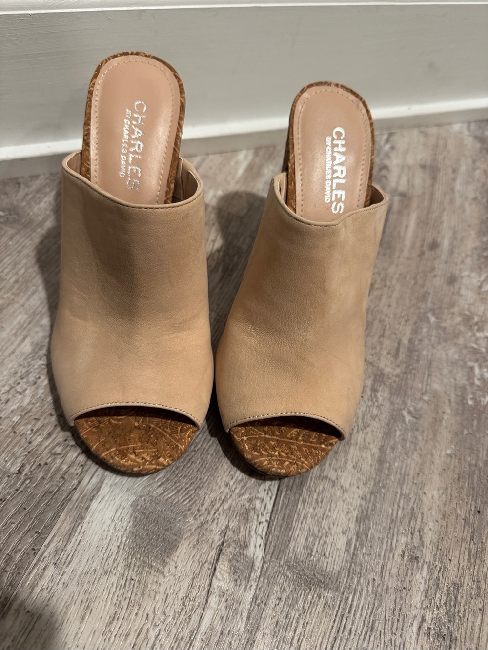 CHARLES by Charles David Tan Open-Toe Mule with Cork Footbed